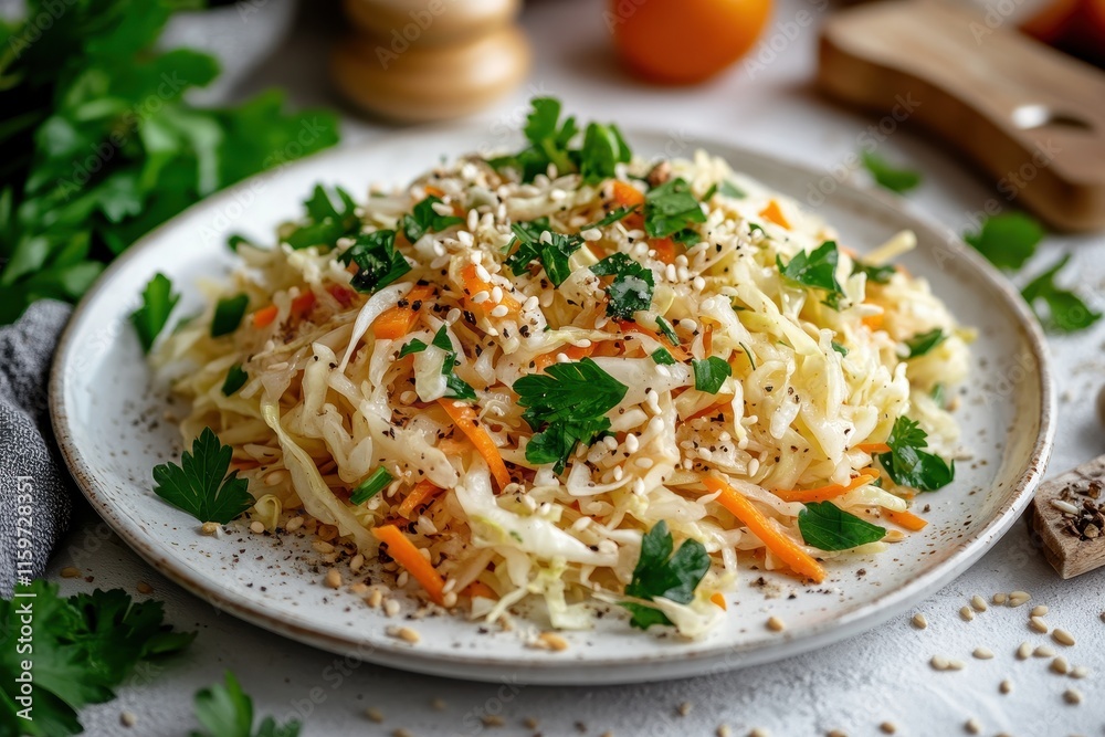 Cabbage and carrot salad with herbs and sesame seeds served on a white plate Plant based nutritious meal Cabbage and carrot salad with herbs and sesame seeds served on a white plate Plant based nutritious meal