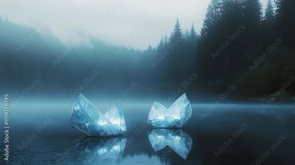 Obraz premium Two luminous ice crystals float on a misty lake, reflecting in the still water, with a dark forest in the background.