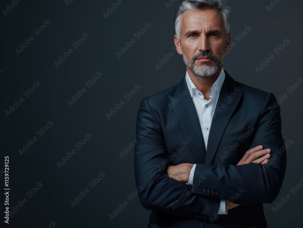 Portrait of professional man in suit with confident demeanor, hands on hips, against grayscale background. Suitable for business or corporate use. Portrait of professional man in suit with confident demeanor, hands on hips, against grayscale background. Suitable for business or corporate use.