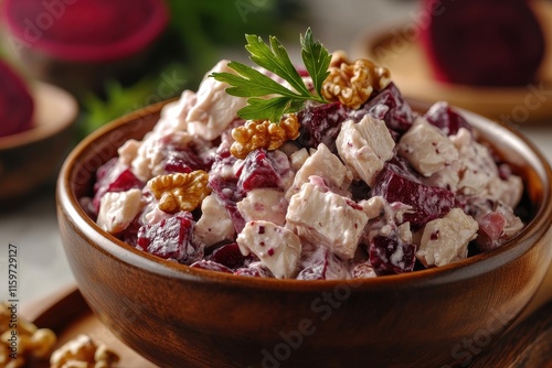 Ceramic bowl filled with beet salad chicken and walnuts Tasty nutritious idea