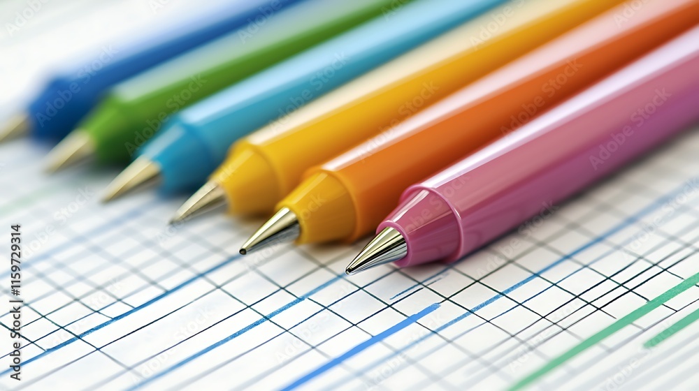 Fototapeta premium Colorful pens arranged on a graph paper.