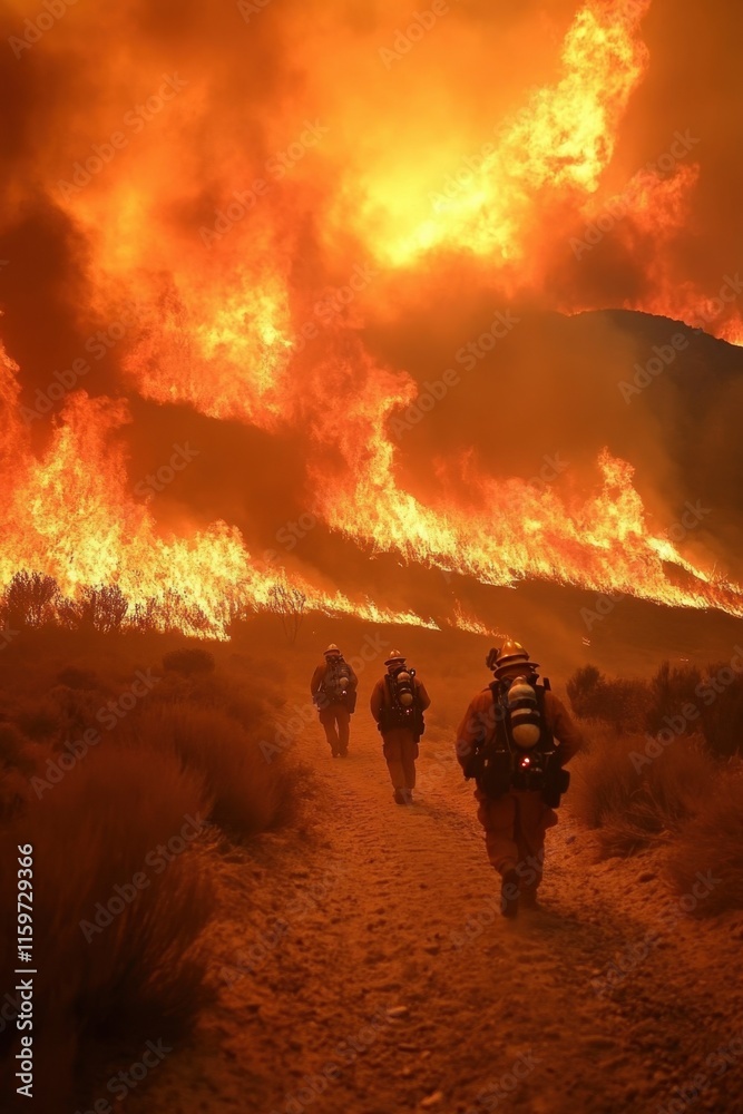 Fototapeta premium Wildfires rage fiercely as brave firefighters battle flames under a smoky sky in a desperate attempt to control the disaster