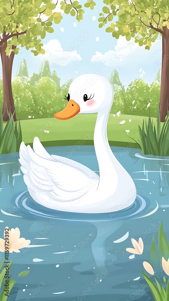 Obraz premium A serene white swan glides gracefully on a calm pond surrounded by lush greenery.