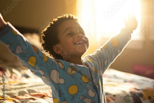 cheerful boy rising at dawn photo