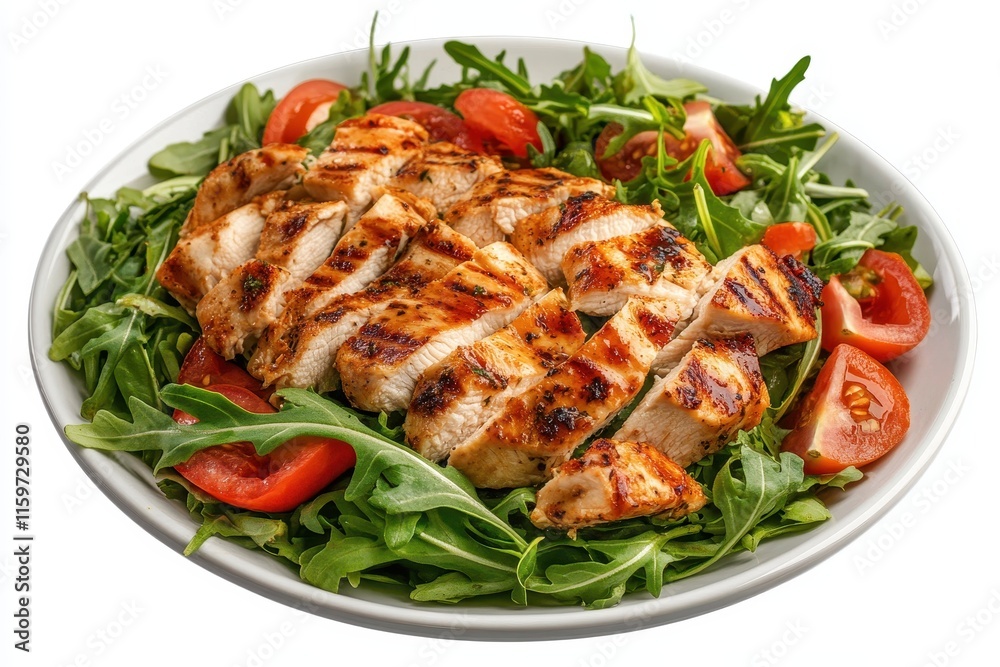 Chicken salad with arugula and tomato Overhead view Chicken salad with arugula and tomato Overhead view