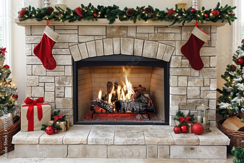 Festive fireplace decorated for the holidays with stockings and Christmas trees photo