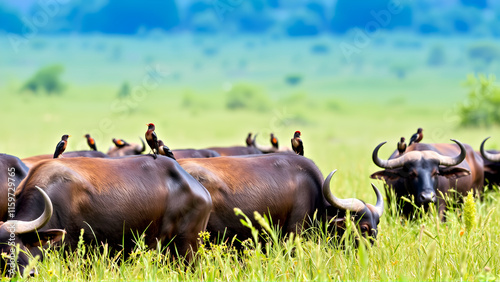 A herd of buffaloes grazing in the tall grass, with oxpeckers perched on their backs photo