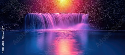 A serene waterfall scene with vibrant colors reflecting in the water.