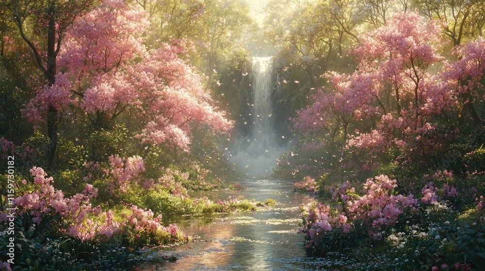 Fototapeta premium A serene waterfall surrounded by blooming pink flowers in a tranquil forest setting.
