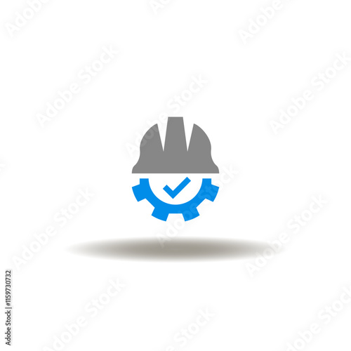 Vector illustration of hard hat with cogwheel and check mark. Icon of safety work. Symbol of engineering. Pictogram of safe engineer.