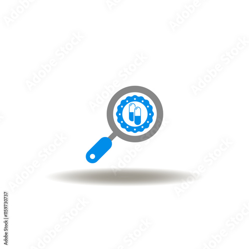 Vector illustration of magnifier and stamp with pill capsules. Symbol of EMA European Medicines Agency. Icon of FDA Food and Drugs Administration.