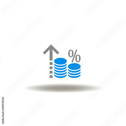 Vector illustration of arrow up and coins pile stack witn percent. Symbol of inflation. Icon of recession. Pictogram of money percent growth.