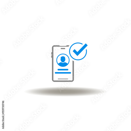 Vector illustration of smartphone  with person login account and check mark. Symbol of register now. Icon of new account registration.