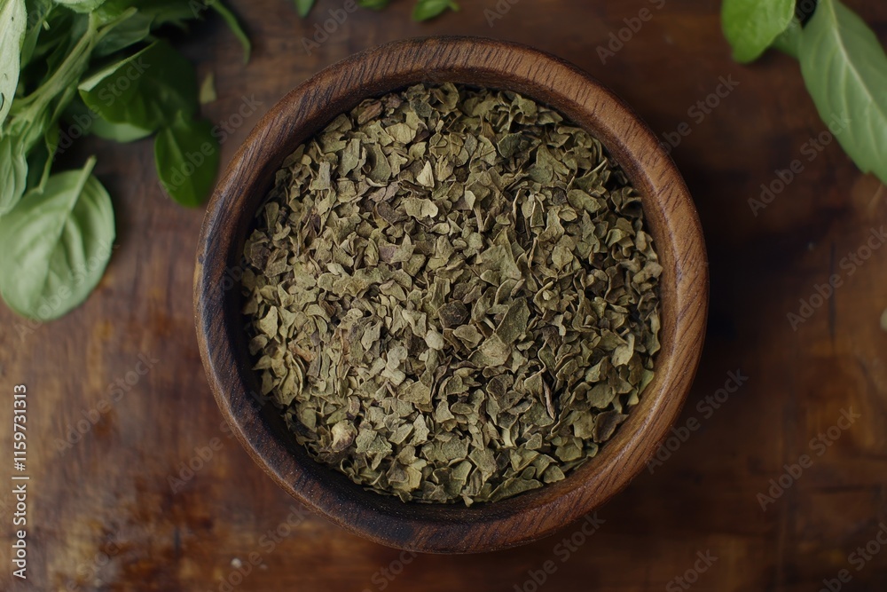 Close up top view of dried oregano in a wooden bowl on a wooden table alongside fresh oregano