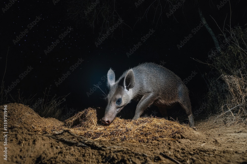 Aardvark foraging at night with dramatic lighting Muted tones Aardvark foraging at night with dramatic lighting Muted tones