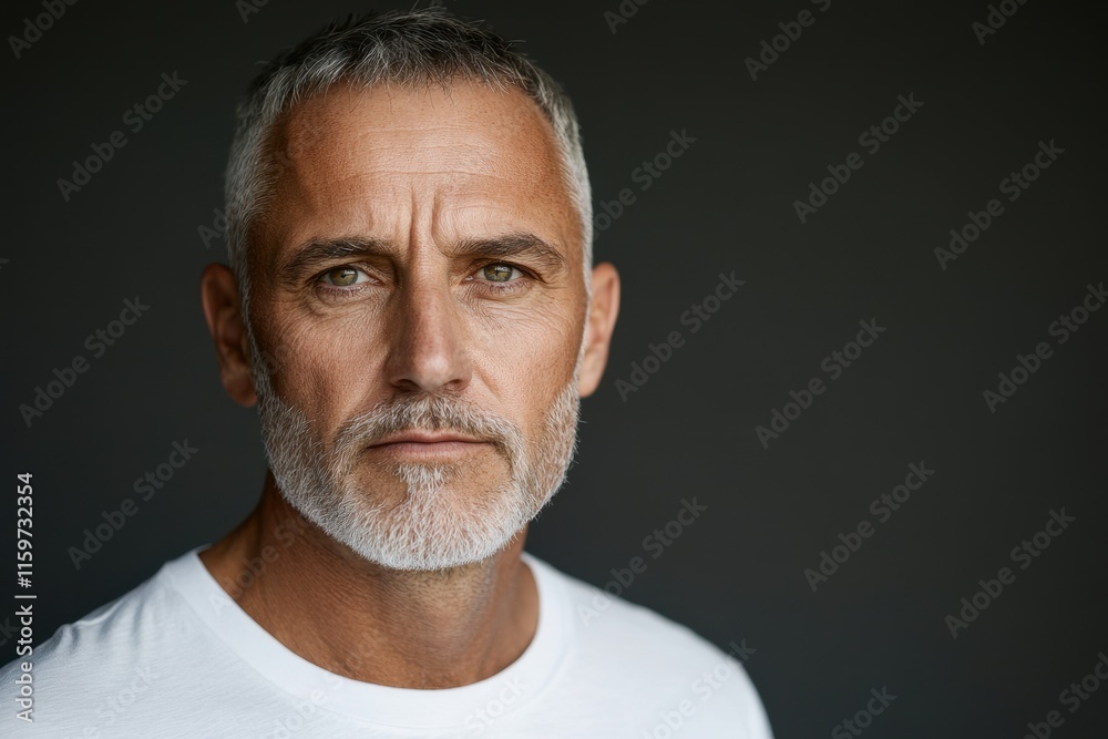 Confident older male model in a white t shirt posed against a gray backdrop Close up half face portrait with space for text Confident older male model in a white t shirt posed against a gray backdrop Close up half face portrait with space for text