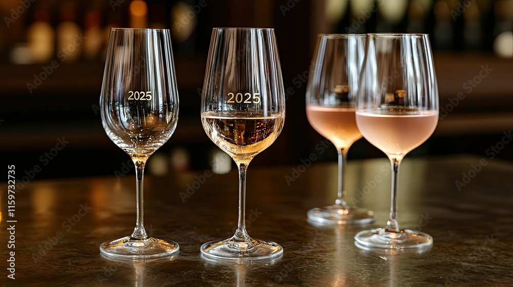 Four wine glasses with ros? wine, showcasing different vintages (2023, 2025). Four wine glasses with ros? wine, showcasing different vintages (2023, 2025).