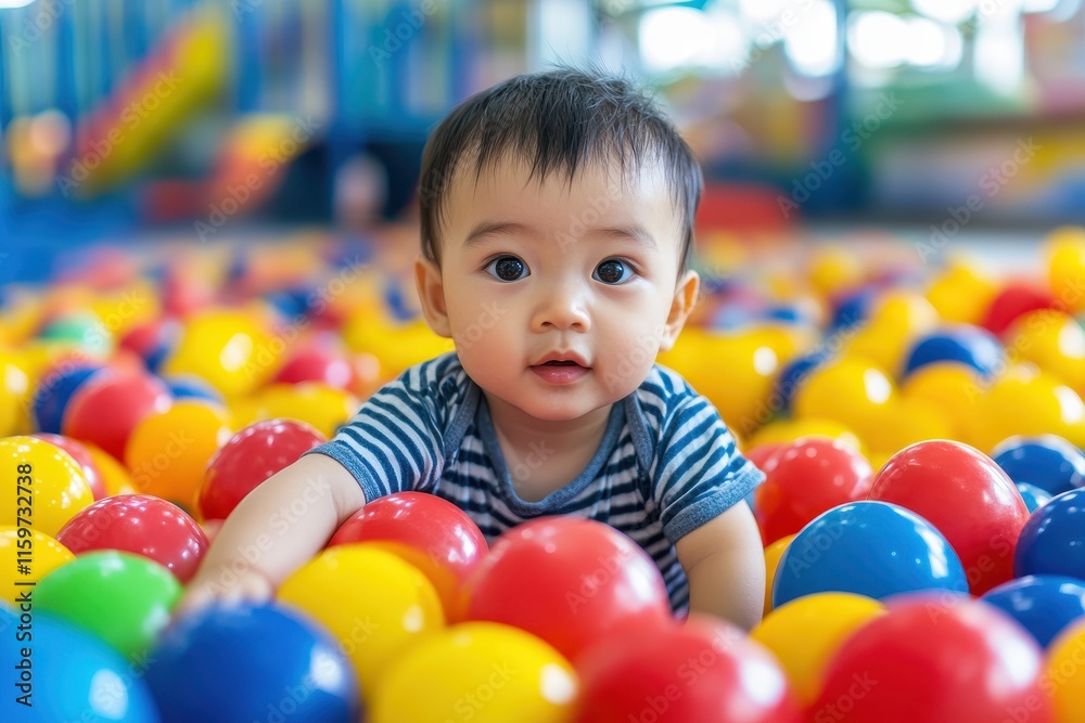 Fototapeta premium Cute Asian toddler at preschool playing with bright learning toys in an indoor play area