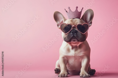 Cute French bulldog puppy wearing a crown and heart shaped sunglasses seated and facing ahead photo