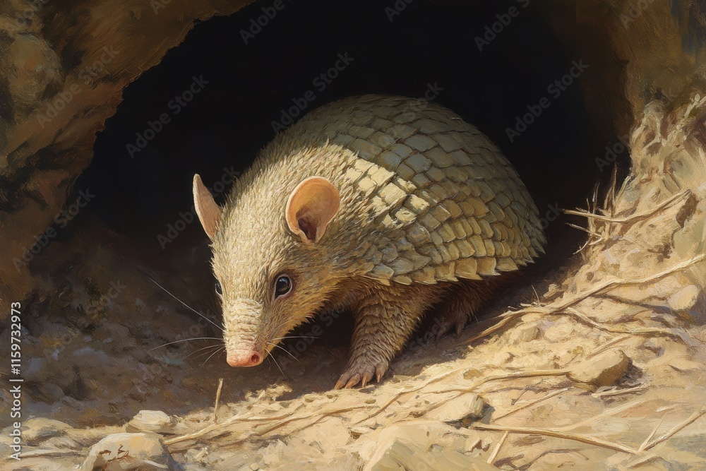 Young armadillo emerging in soft morning light vulnerable and gentle Young armadillo emerging in soft morning light vulnerable and gentle