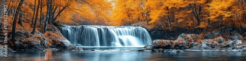 A serene waterfall surrounded by vibrant autumn foliage.