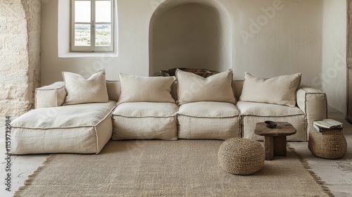 A cozy living room featuring a spacious, neutral-colored sofa with soft cushions, a natural fiber rug, and minimalist decor, promoting a warm and eco-friendly atmosphere. photo