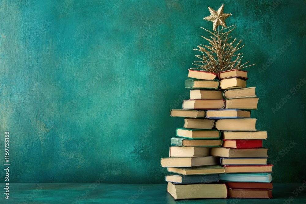 Creative Christmas tree made of books against a green backdrop capturing the festive spirit of the season. Generative AI Creative Christmas tree made of books against a green backdrop capturing the festive spirit of the season. Generative AI