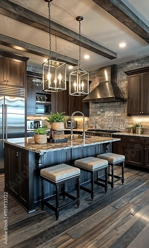 A modern kitchen featuring dark wood cabinetry, an island with seating, and stylish lighting fixtures.