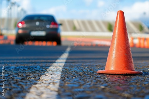 Driving school setup with a car and traffic cones an orange cone designated for driver training at a racetrack