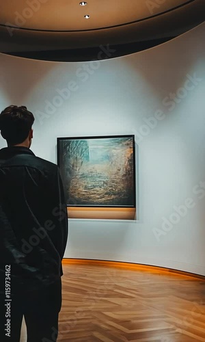 A person stands in an art gallery, admiring a painting in a softly lit, curved space.