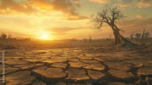 Drought and Desolation on Cracked Earth Under a Dull Sunset Evoking Environmental Crisis and Agricultural Hardship