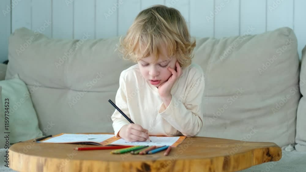 little boy studying at home, writing in a notebook with a pencil little boy studying at home, writing in a notebook with a pencil
