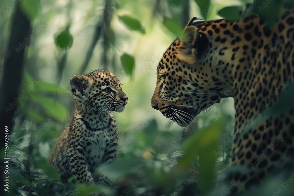 Leopard cub playing with mother in lush jungle surroundings Leopard cub playing with mother in lush jungle surroundings