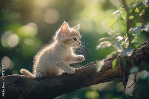 Lynx kitten playing with a fallen branch in the forest