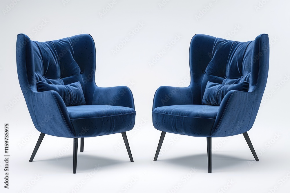 Modern blue armchair and chair set on white background.