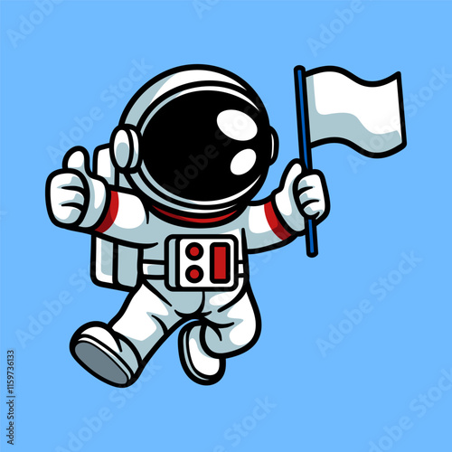 fun astronaut hold flag cartoon character isolated colored drawing line art style sketch classic vintage design illustration