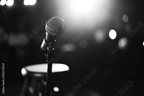 High contrast image of a stand up comedy stage featuring a microphone and stool with reflectors photo