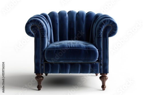 Blue velvet art deco armchair with wooden legs on white background photo