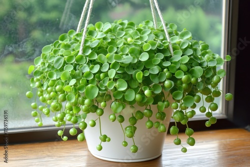 House plant in a white hanging pot Strings of pearls by the window photo