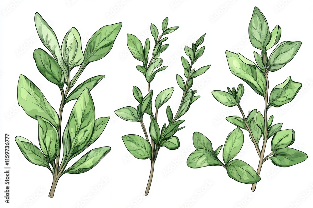 Illustration of fresh thyme leaves herbal plant on white background Illustration of fresh thyme leaves herbal plant on white background