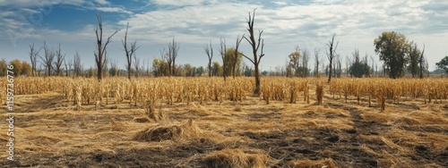 Drought leads to agricultural collapse with withered crops and barren trees in a desolate landscape photo