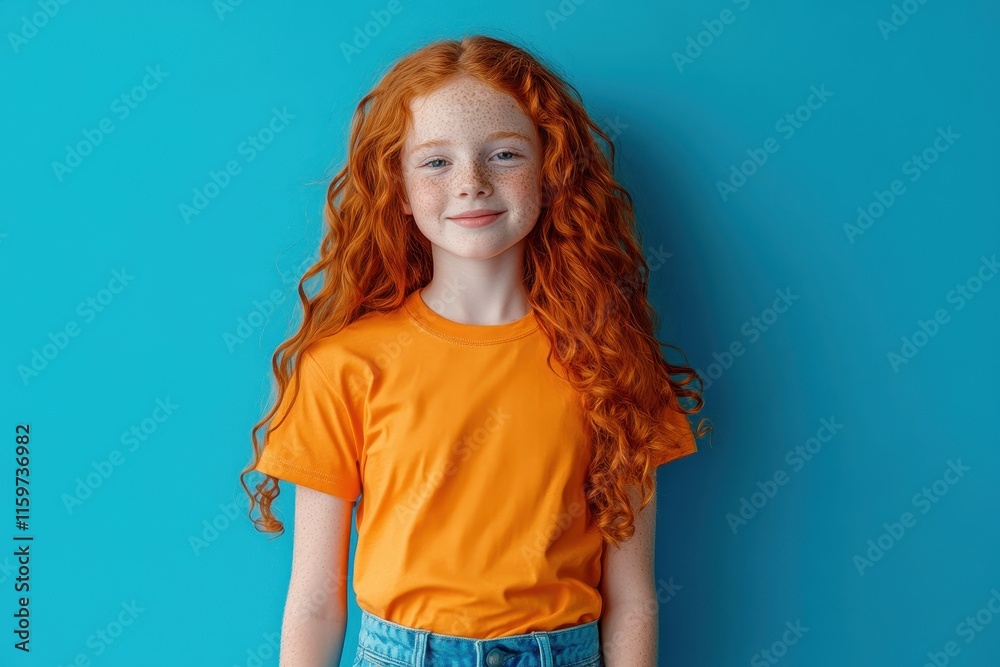 Image of a happy young girl with red hair wearing an orange shirt and jeans set against a blue backdrop Image of a happy young girl with red hair wearing an orange shirt and jeans set against a blue backdrop