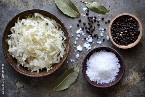 Ingredients and process for fermenting cabbage cabbage caraway pepper salt bay leaves Vegetarian preservation method photo