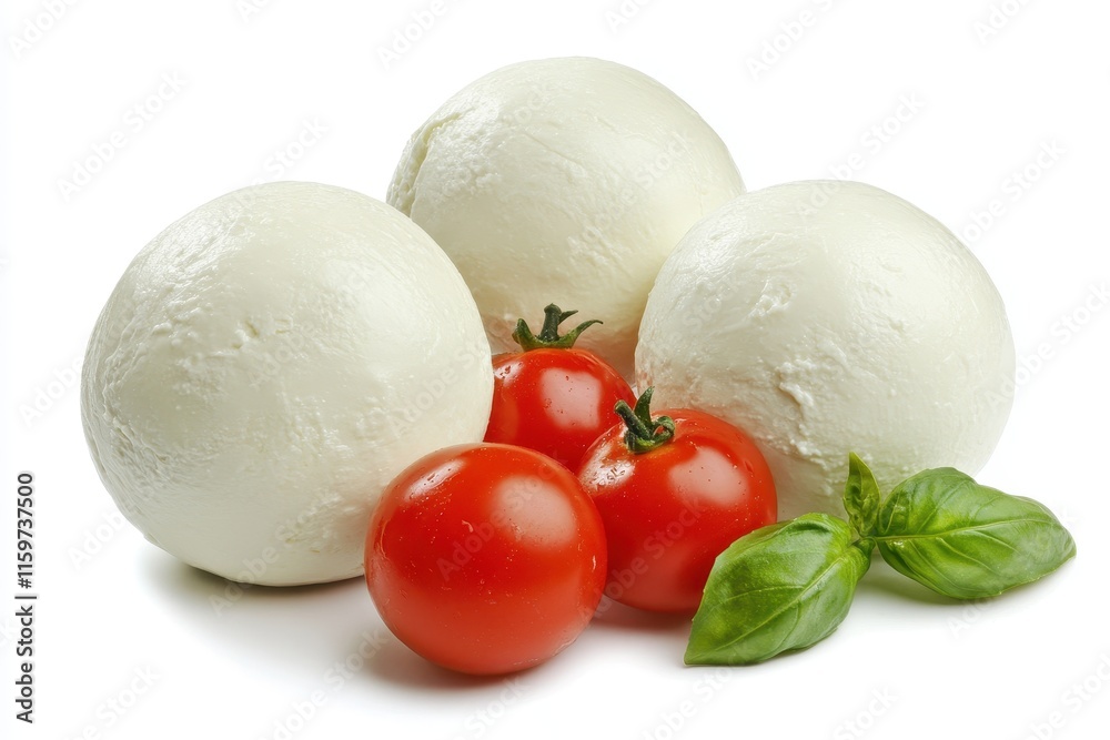Isolated mozzarella tomatoes and basil on white Isolated mozzarella tomatoes and basil on white