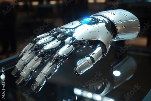 A highly detailed robotic hand, metallic and chrome, with glowing blue accents, rests on a reflective surface. photo