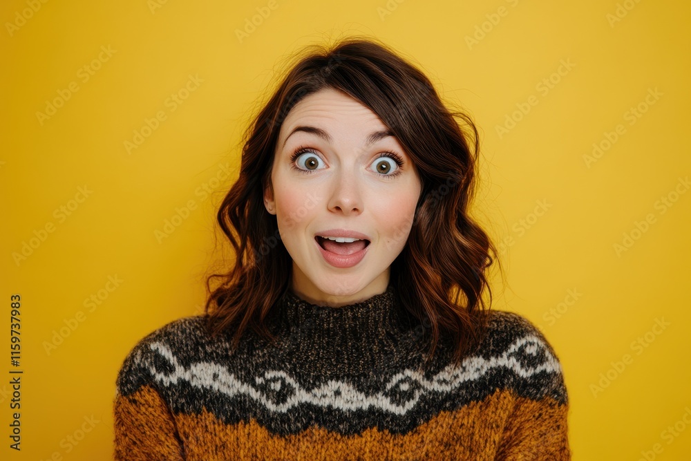 Joyful brunette in a sweater smiles at the camera against a yellow backdrop Joyful brunette in a sweater smiles at the camera against a yellow backdrop
