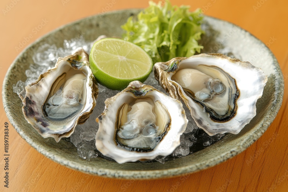 Lime accompanied oysters on a circular dish Oyster season Close up seafood plate Half shell oysters Two types of oysters Blurred background