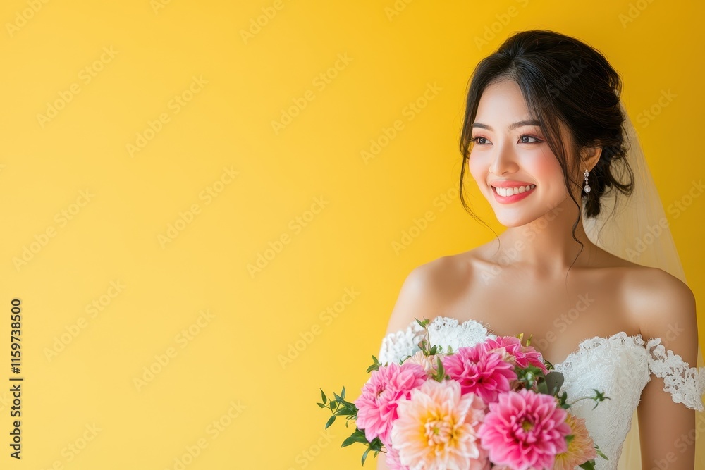 Lovely young Asian bride holding a bouquet of pink dahlias against a yellow backdrop Lovely young Asian bride holding a bouquet of pink dahlias against a yellow backdrop