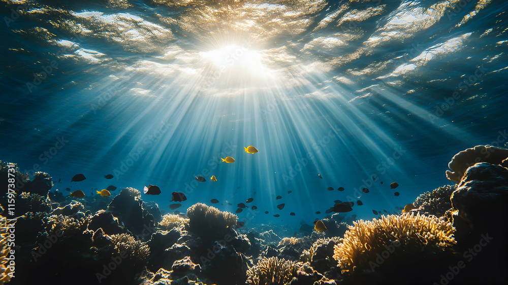 Obraz premium Underwater sunbeams illuminate vibrant coral reef teeming with colorful fish, creating a breathtaking scene of ocean life.