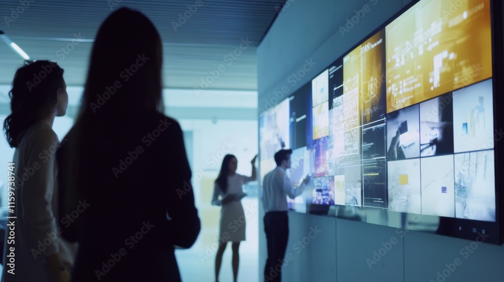 Fototapeta premium Innovative team in a cutting-edge tech office. Featuring smart digital displays and interactive tools